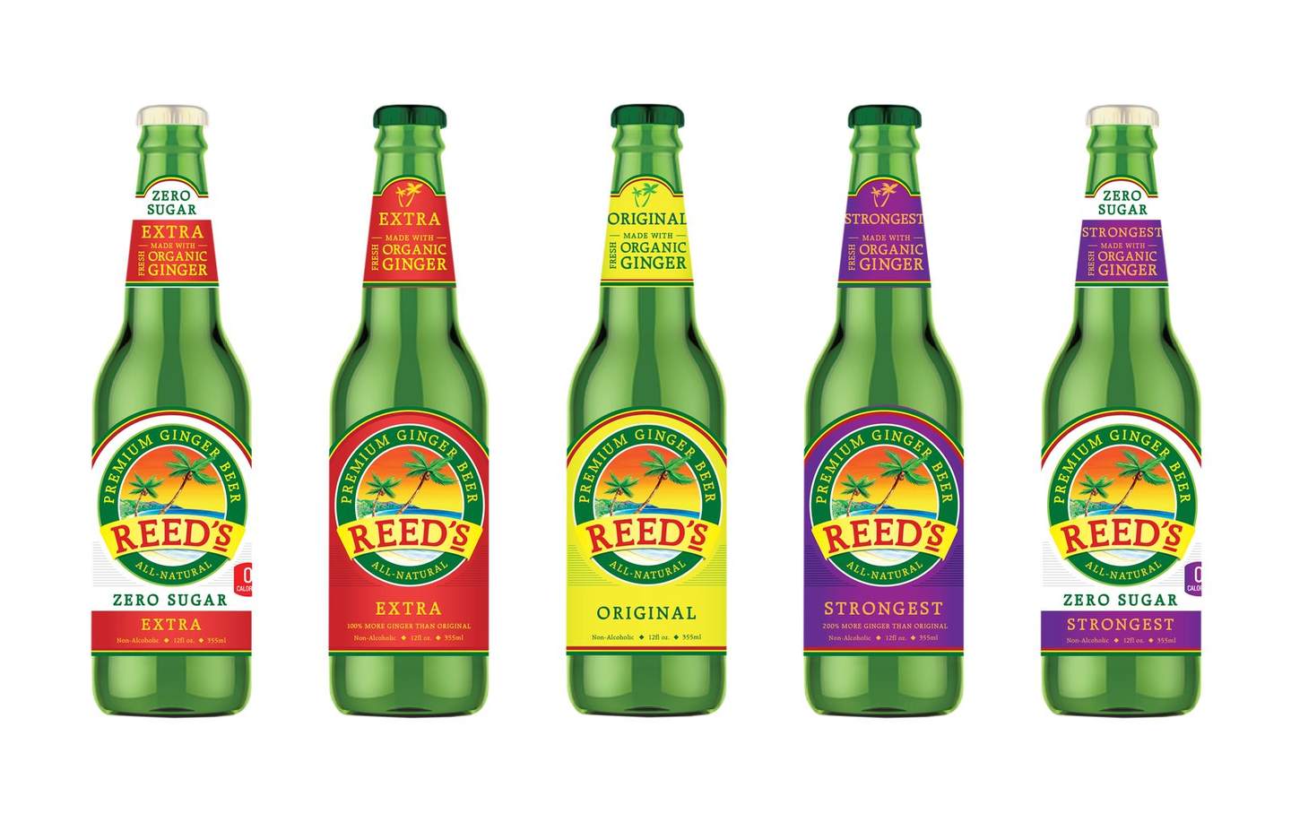 Reed's ginger beer bottles in five varieties