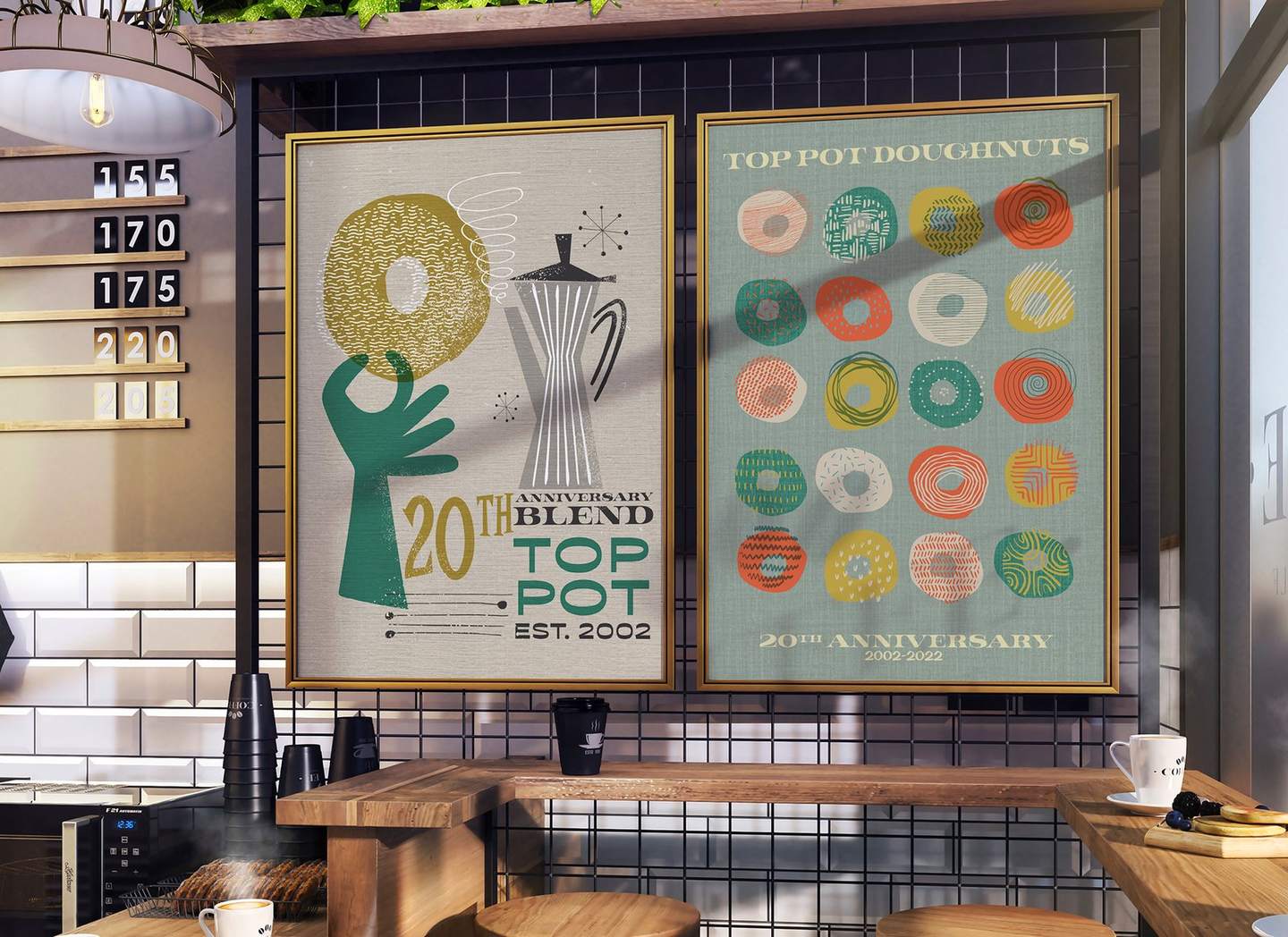 Top Pot 20th anniversary posters in the cafe