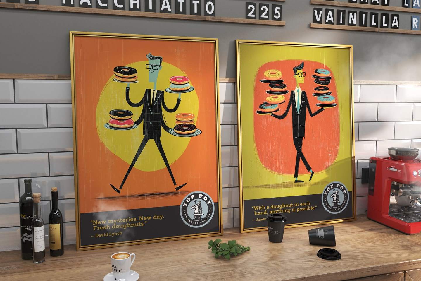 Top Pot character posters in the cafe