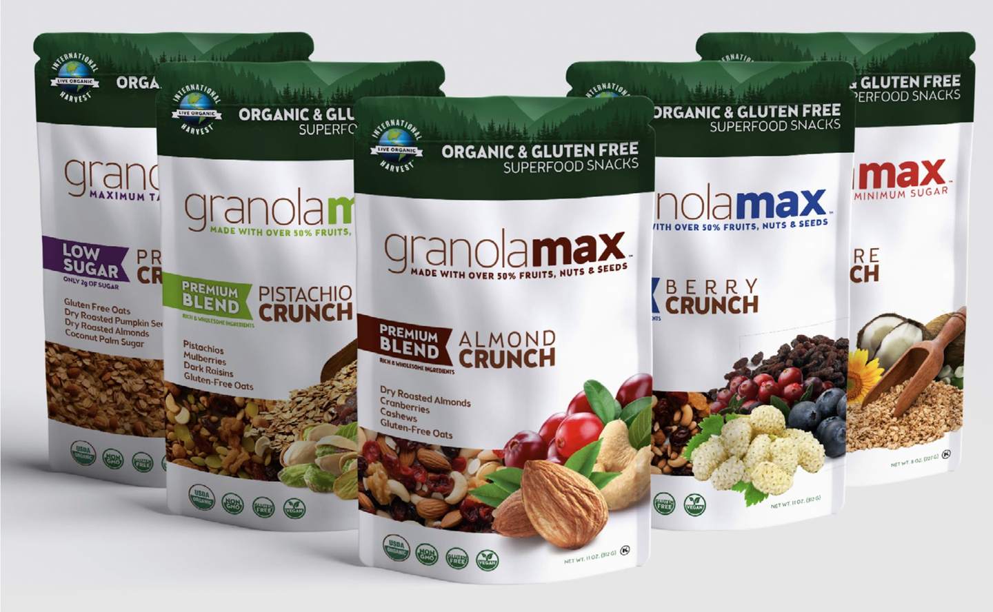 Granolamax pouches in five flavors