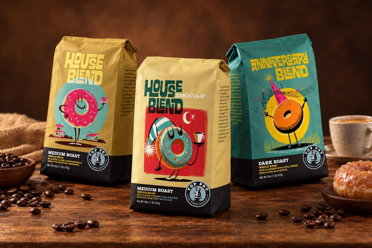 House Blend, House Decaf and Anniversary Blend bag concepts