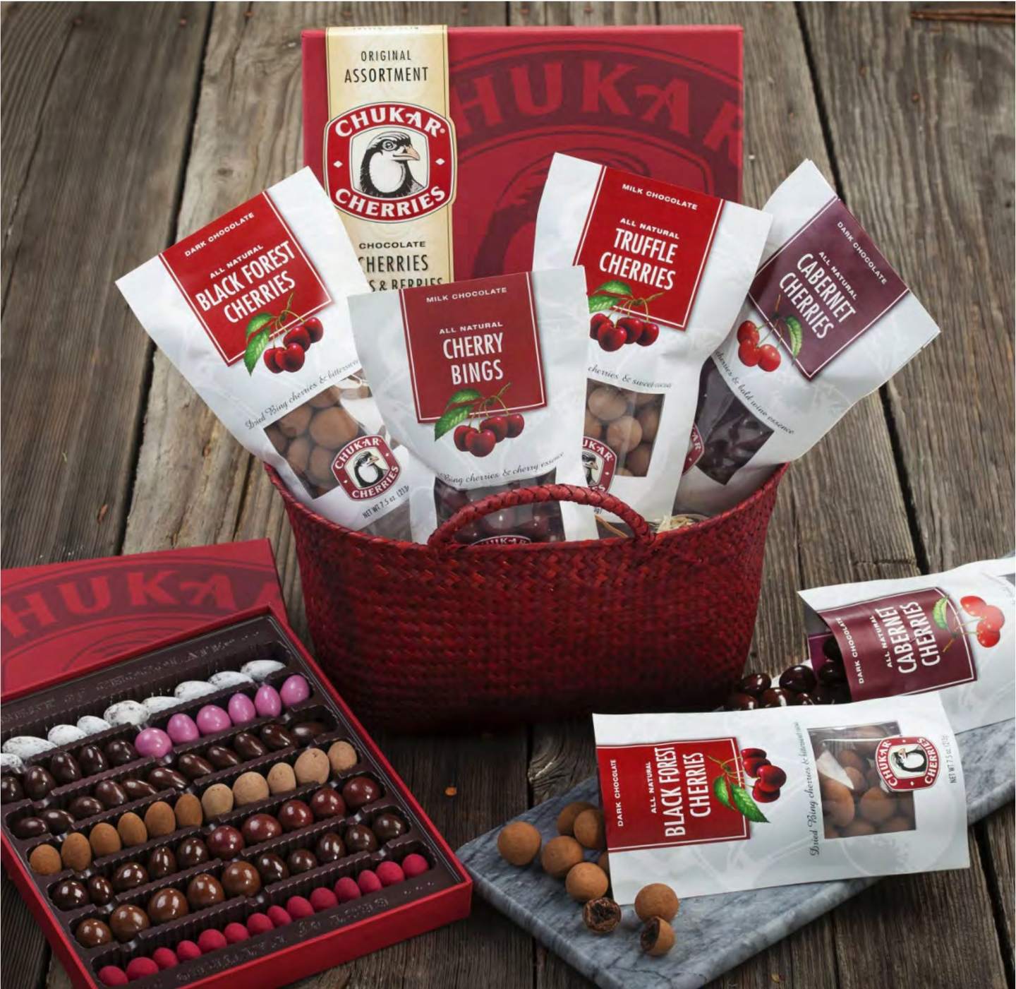 Chukar Cherries pouches and gift box