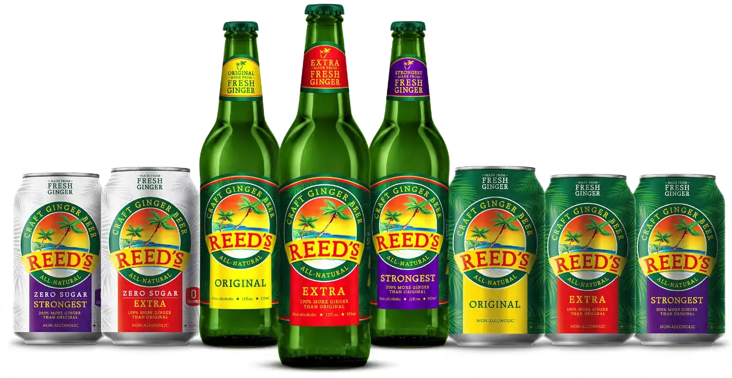 Reed's bottles and cans in Original, Extra and Strongest, regular and zero sugar