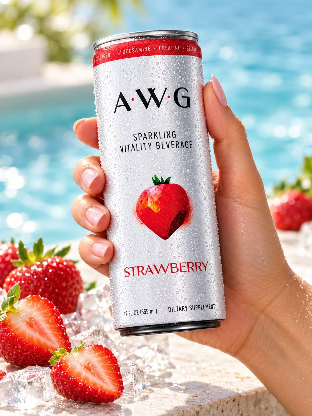 AWG Strawberry can in hand by a pool